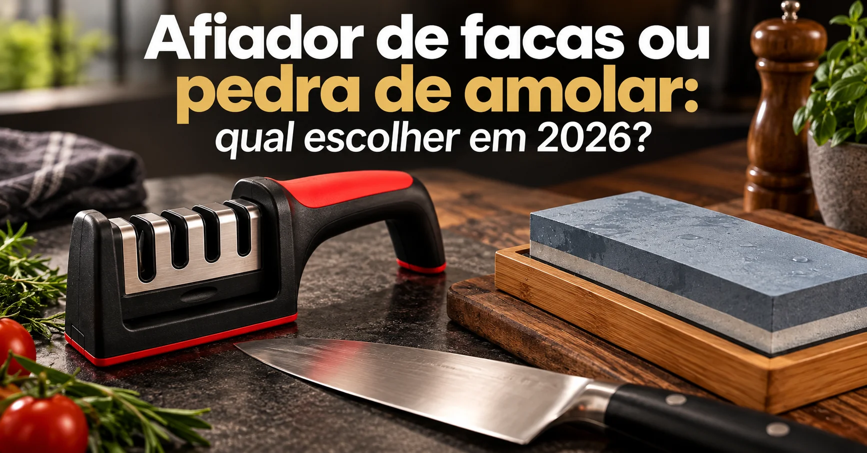 O ângulo fixo resolve a faca ocidental comum em segundos; a pedra só se paga quando a lâmina perdeu um fio que o afiador não devolve.