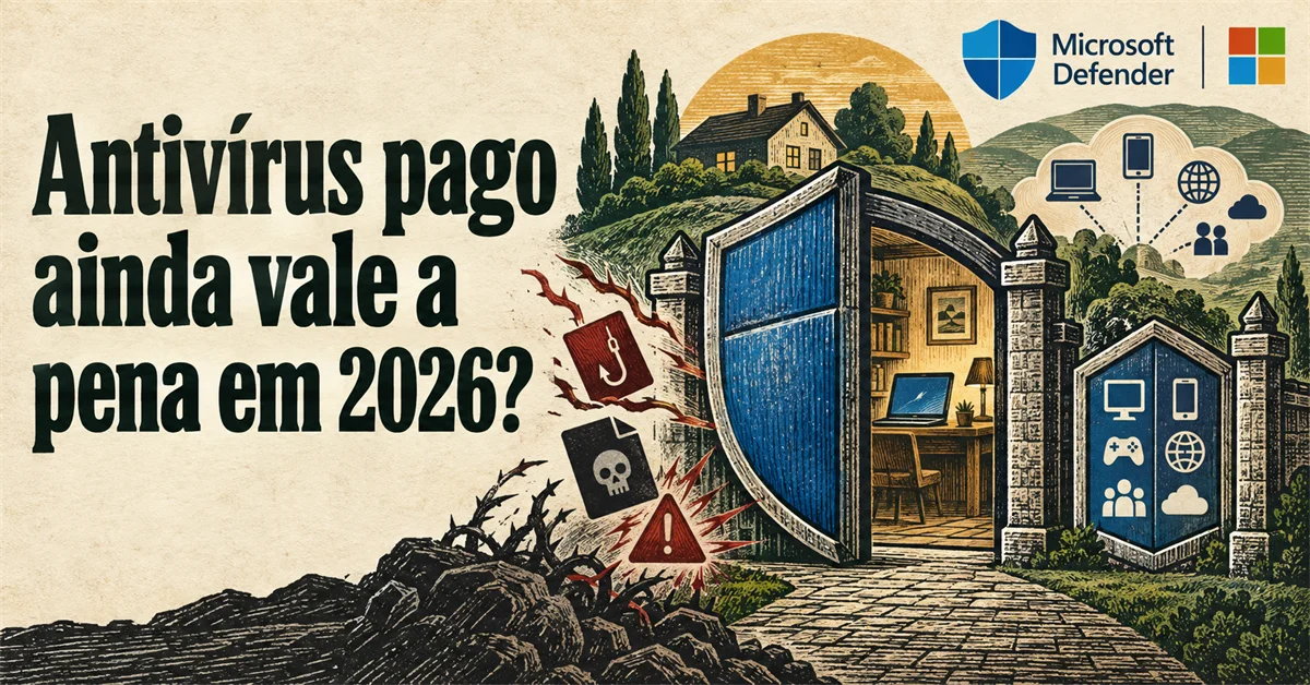 Portão-escudo bloqueia um anzol de phishing, um arquivo com caveira e um alerta vindos de fora, abrindo para um home office protegido