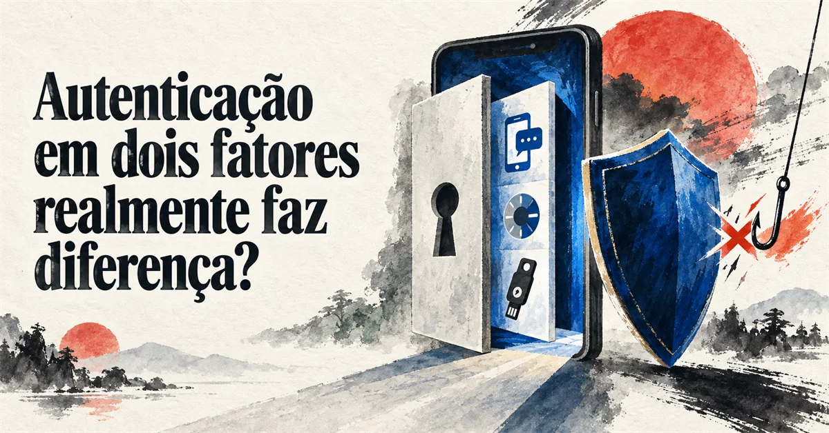 Aquarela de uma porta se abrindo de dentro de um celular, com ícones de SMS e chave de segurança, e um escudo bloqueando um anzol de phishing