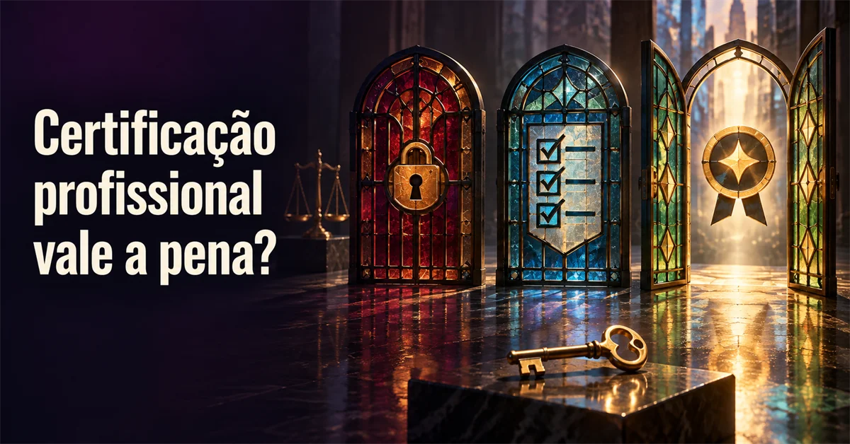 Três portas de vitral: uma trancada com cadeado, outra com lista de verificação, outra iluminada por uma medalha, com uma chave dourada à frente