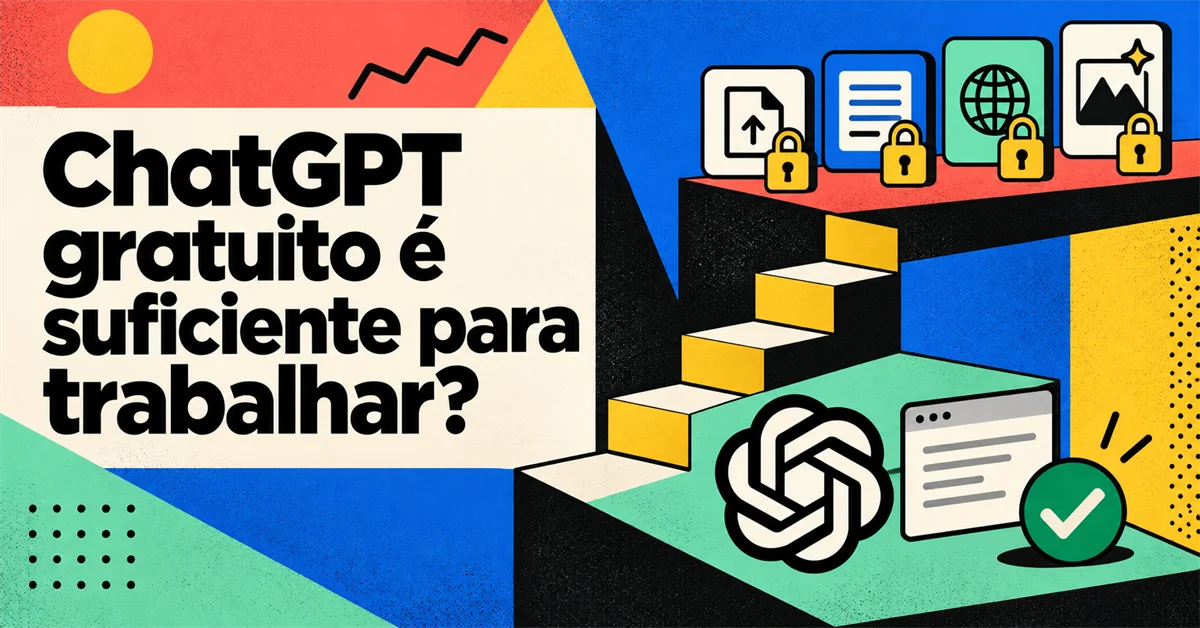 Degraus geométricos sobem do logotipo do ChatGPT até ícones trancados com cadeado de upload, documento, internet e imagem