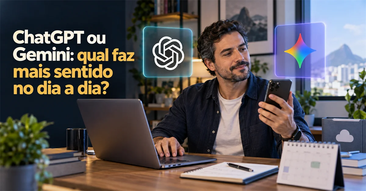 Homem segura o celular entre os logotipos flutuantes do ChatGPT e do Gemini, com notebook e agenda na mesa e a cidade ao fundo