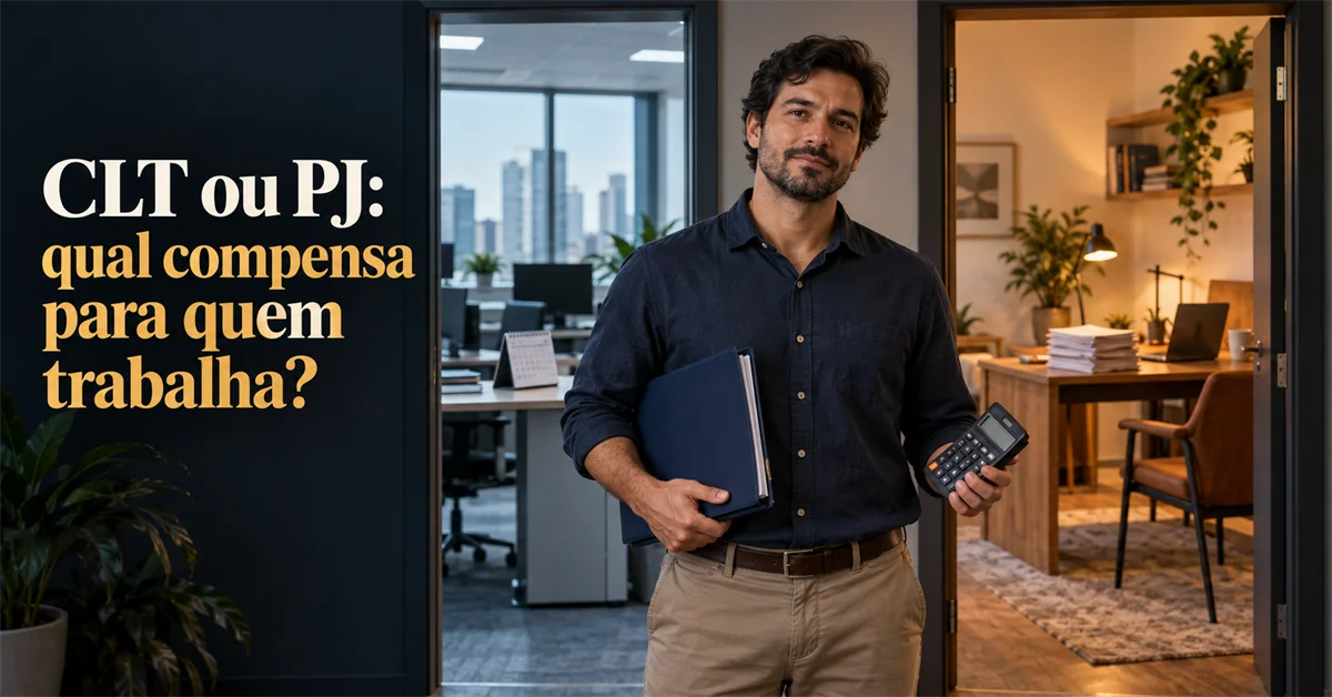 Homem com pasta e calculadora entre um escritório corporativo aberto, à esquerda, e um home office particular, à direita