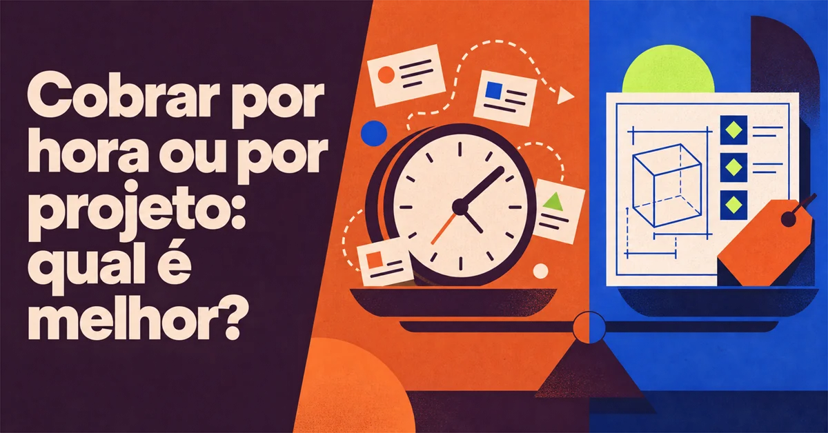 Balança equilibrando um relógio, do lado da cobrança por hora, com uma planta de projeto, do lado da cobrança fechada