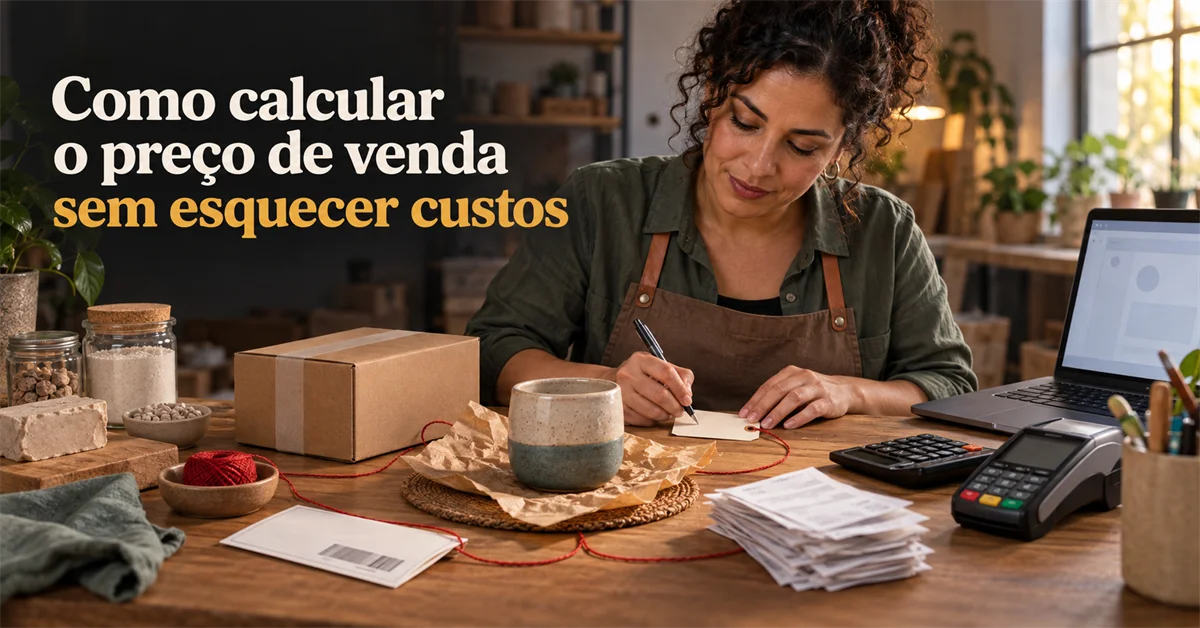 Comerciante escreve a etiqueta de preço à mão, cercada por caixa, recibos, maquininha de cartão e notebook com painel de vendas