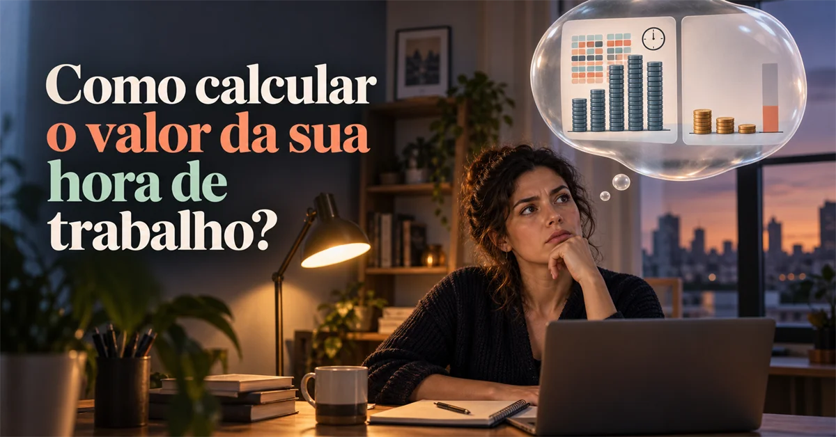 Mulher pensativa em frente ao notebook à noite, com um balão de pensamento mostrando gráficos de barras de moedas empilhadas