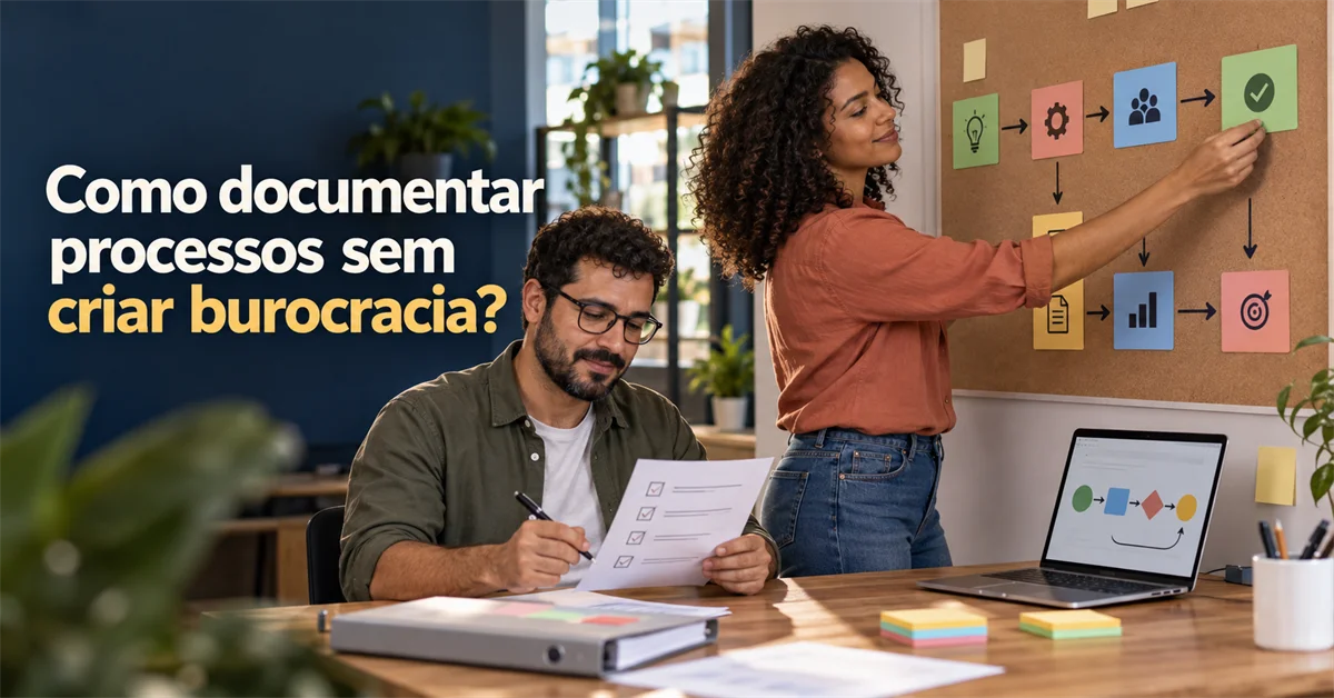 Dupla revisa um checklist impresso enquanto organiza no mural cartões de um fluxo de processo, do ícone de ideia ao de meta alcançada