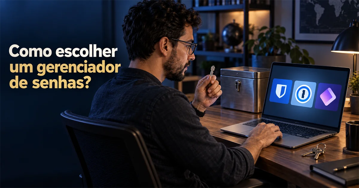 Homem segura uma chave física enquanto olha para o notebook, que exibe os ícones de três aplicativos de gerenciador de senhas ao lado de um pequeno cofre
