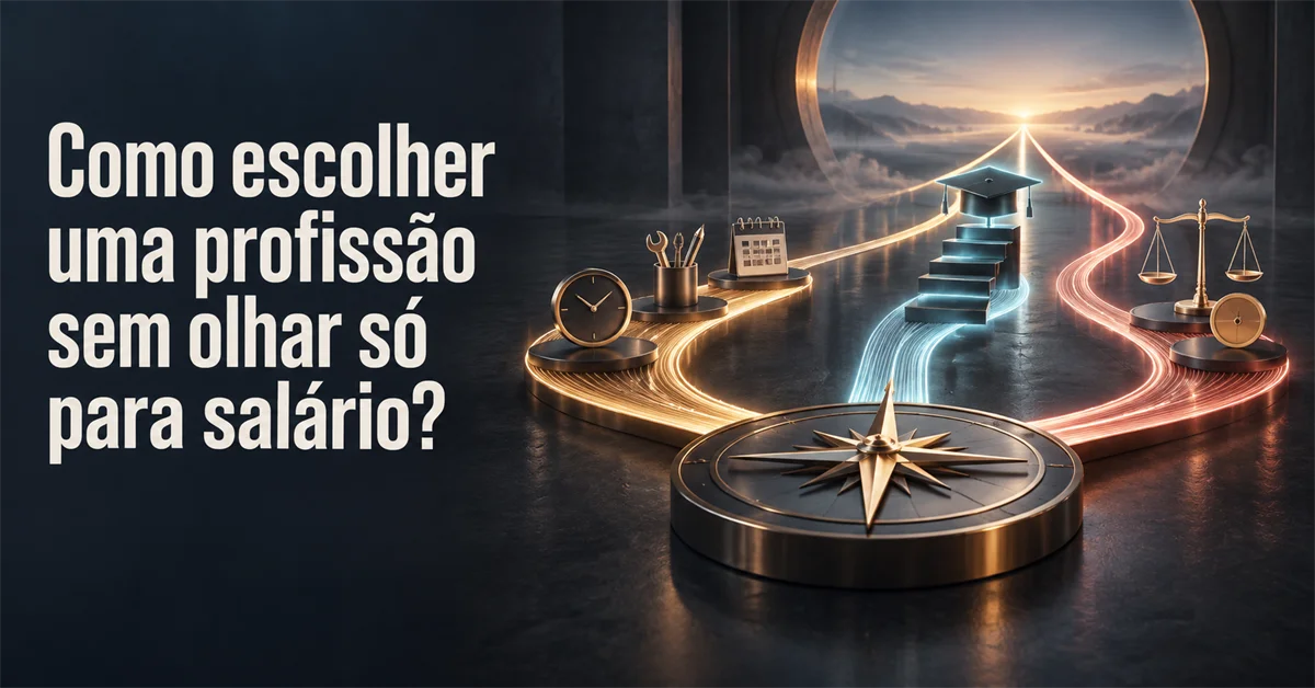 Bússola aponta três caminhos luminosos: um para ferramentas e relógio, outro para um capelo sobre uma escada, outro para uma balança