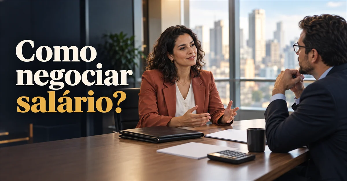 Mulher conversa com um gestor em uma sala de reunião, com calculadora e documentos sobre a mesa entre os dois