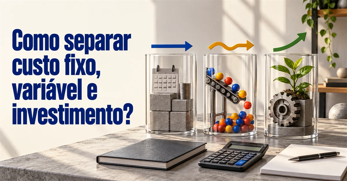 Três potes de vidro: um com tijolos e calendário, outro com bolinhas rolando por um mecanismo, outro com uma muda crescendo sobre uma engrenagem
