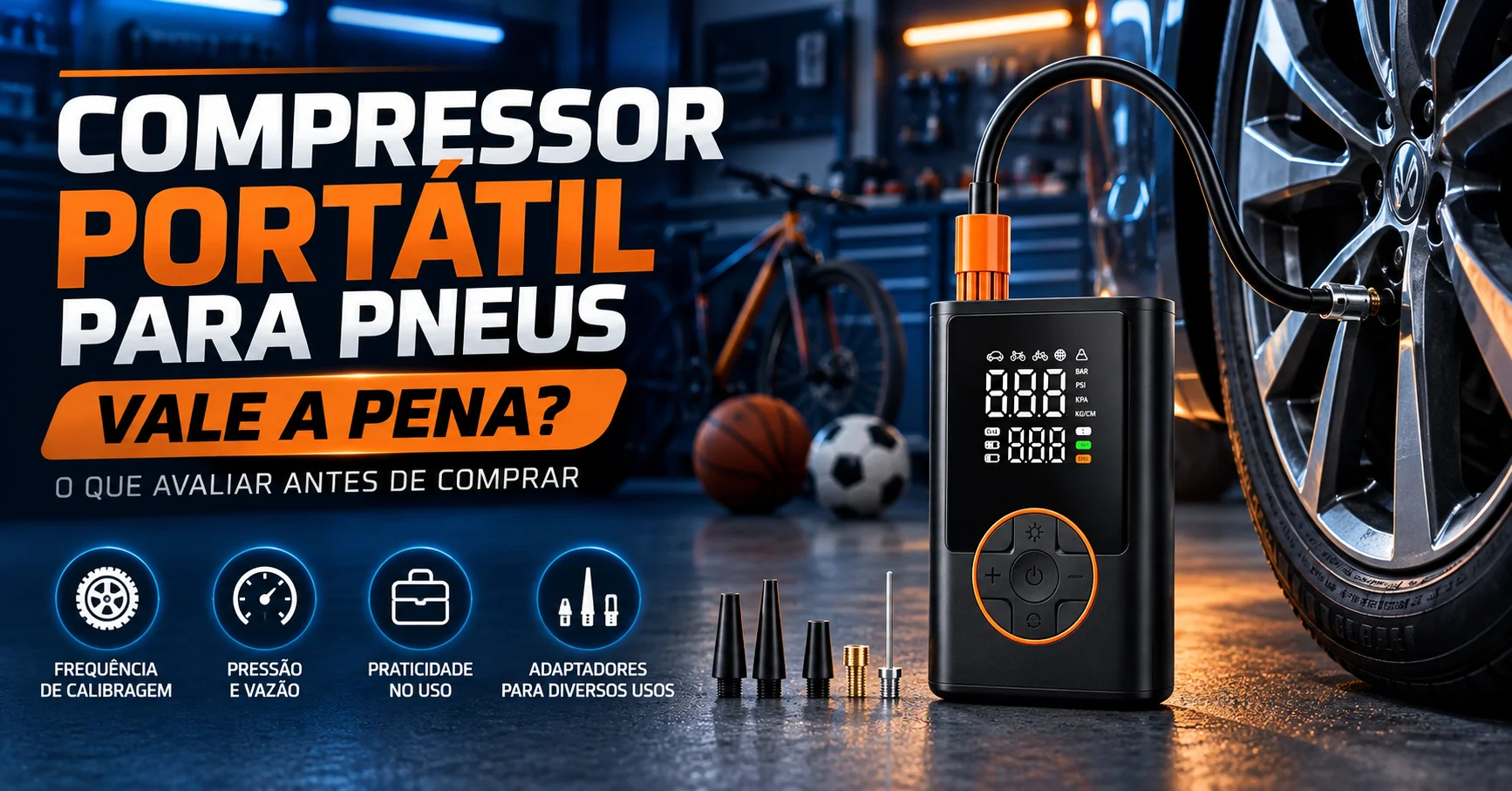 O aparelho se justifica pela frequência com que você confere a pressão, não pela potência anunciada. O que decide é a vazão declarada, a pressão máxima e o adaptador certo para o que você vai encher.