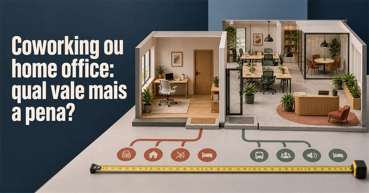 Maquete compara um home office pequeno, com ícones de custo e isolamento, a um espaço de coworking amplo, com ícones de transporte e convívio