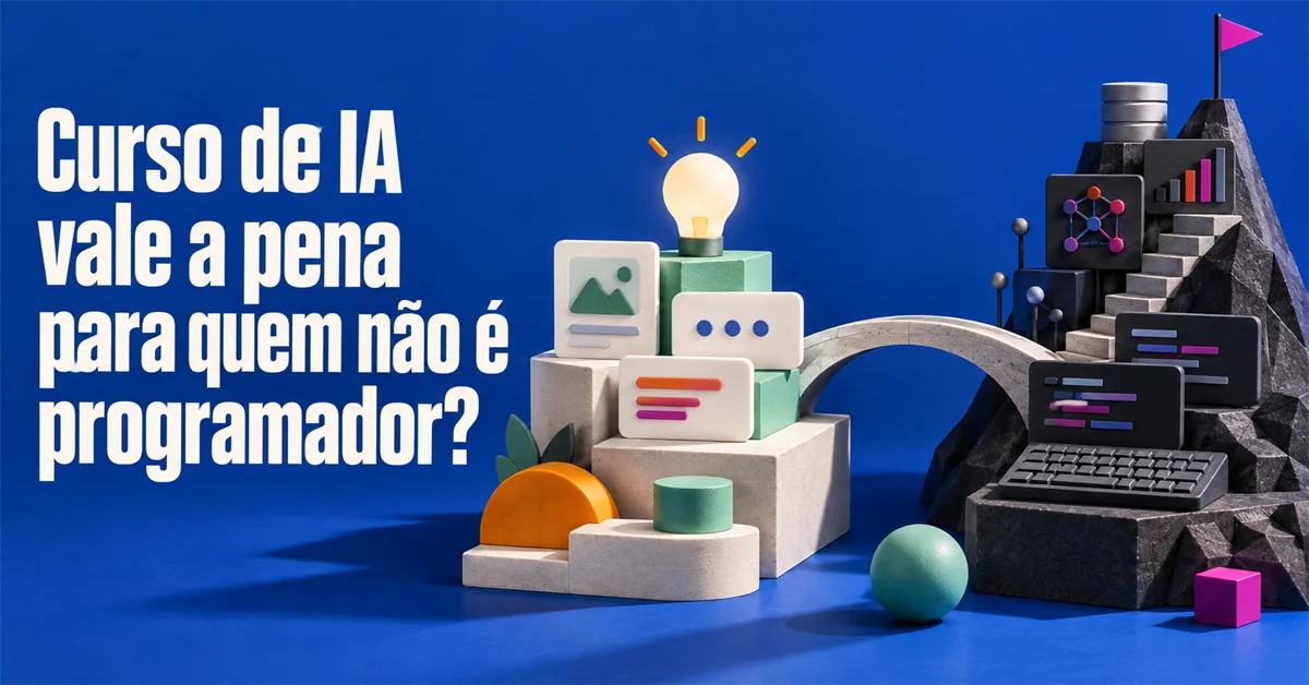 Blocos isométricos com lâmpada e ícones de chat de um lado, e do outro uma montanha com telas de código subindo até uma bandeira no topo