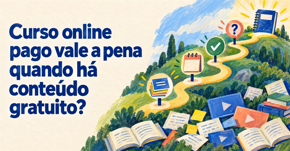 Trilha pintada sobe uma colina passando por ícones de livros, calendário, checagem e pergunta, até um caderno brilhante no topo