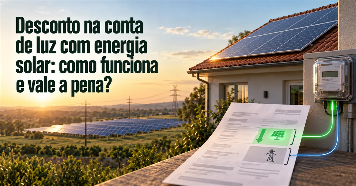 Telhado com painéis solares ao pôr do sol, ao lado de um medidor de energia e uma conta de luz com seta ligando o ícone solar ao poste