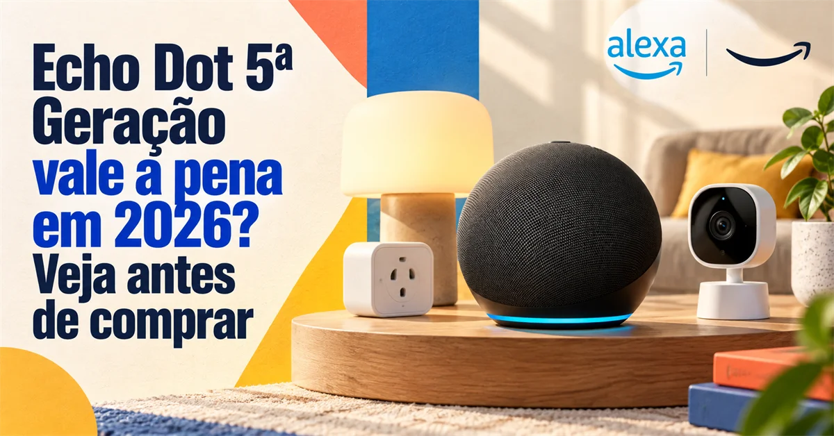 Echo Dot com luz azul na base sobre uma mesa de madeira, ao lado de uma tomada inteligente, luminária e câmera de segurança