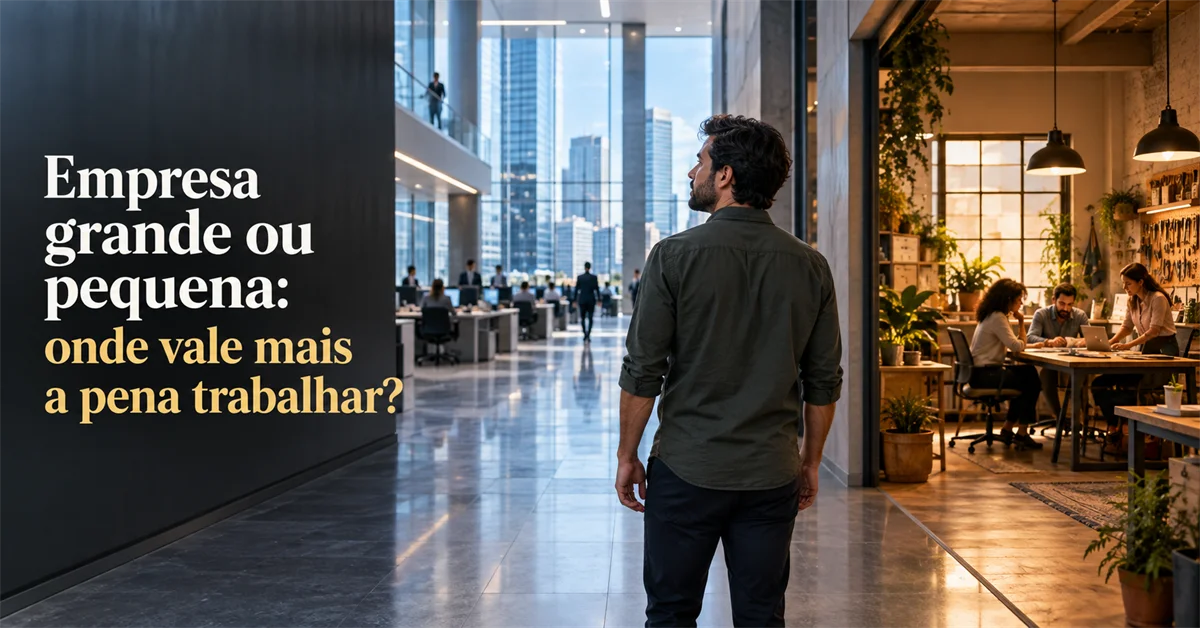 Homem de costas num corredor corporativo envidraçado observa um espaço de equipe pequena e aberta ao lado