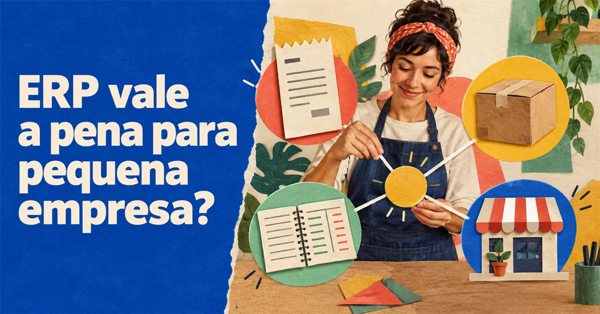 Mulher monta um móbile com ícones de nota fiscal, caixa, livro-caixa e loja, representando os módulos de um ERP