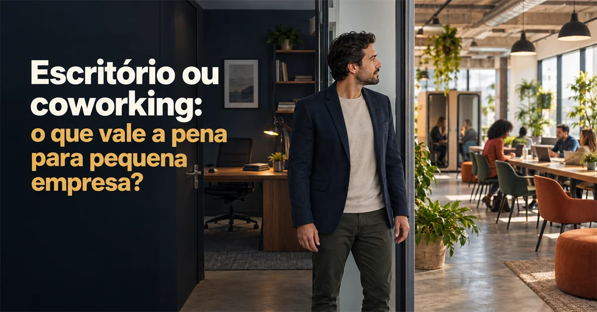 Homem parado numa porta observa, de um escritório fechado, um coworking amplo e iluminado com pessoas em mesas compartilhadas
