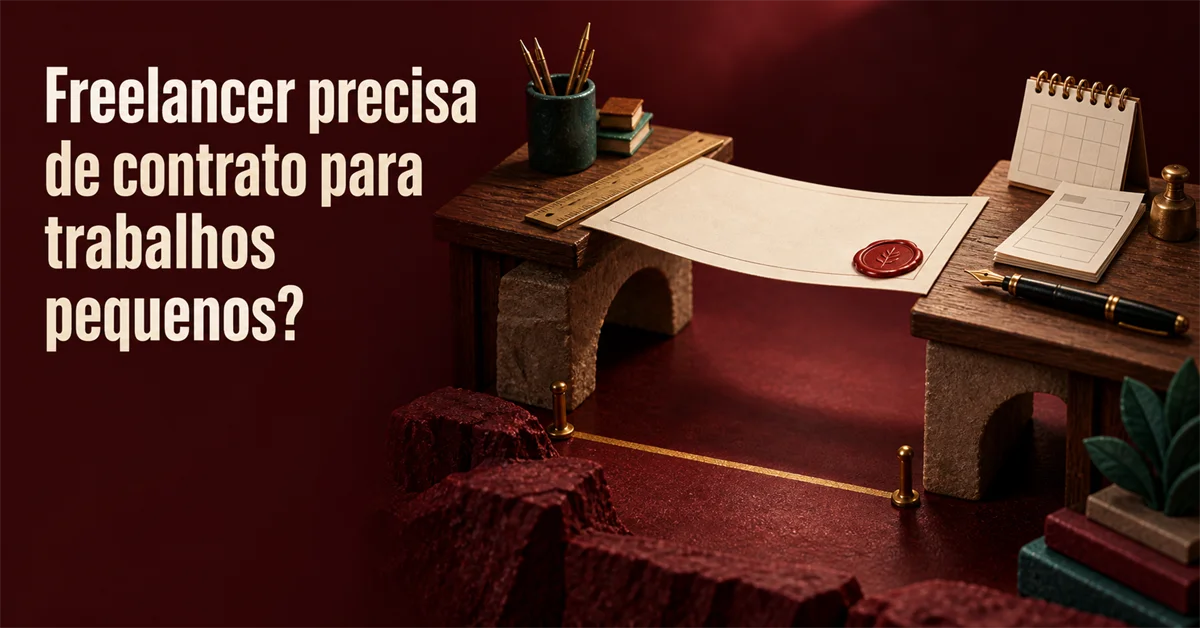 Maquete de duas mesas de pedra ligadas por uma prancha com um contrato lacrado, atravessando um abismo, com calendário e régua ao lado