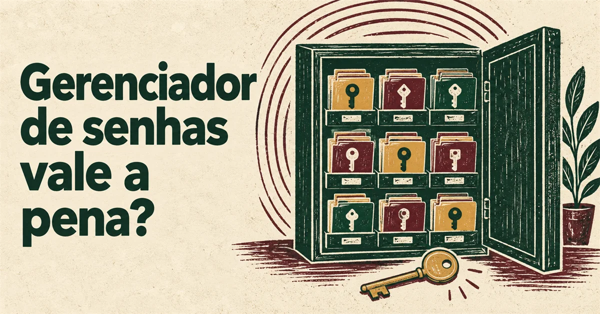 Ilustração de um arquivo antigo com pastas coloridas e ícones de chave, remetendo a um cofre de senhas