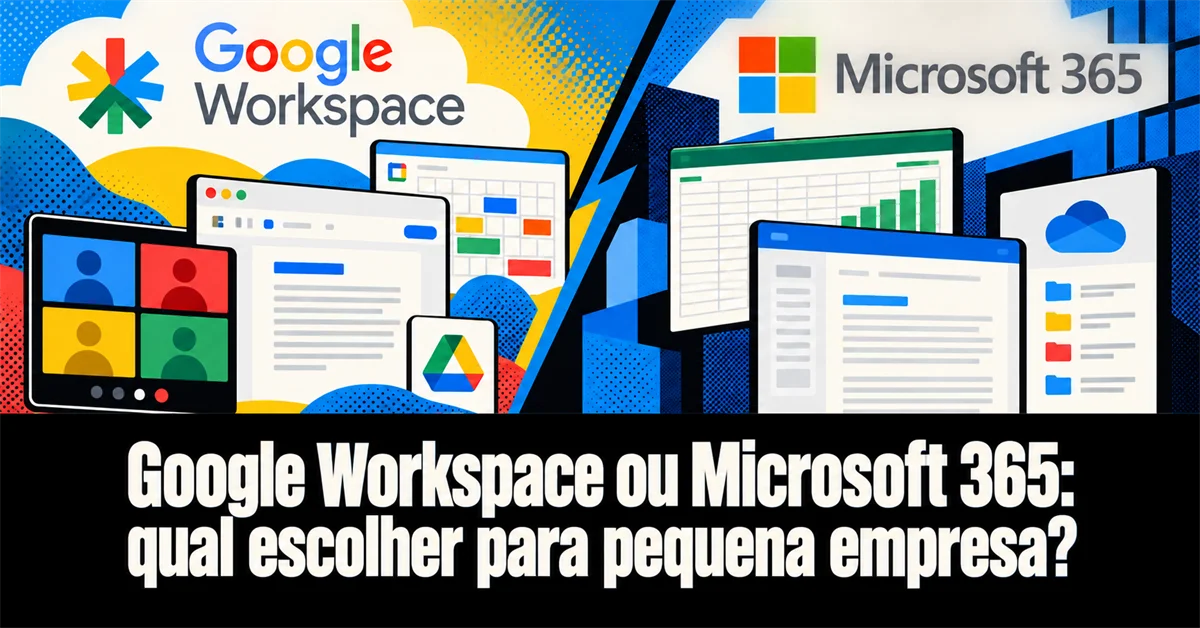 Capturas de tela do Google Workspace e do Microsoft 365 lado a lado, com os logotipos de cada suíte no topo