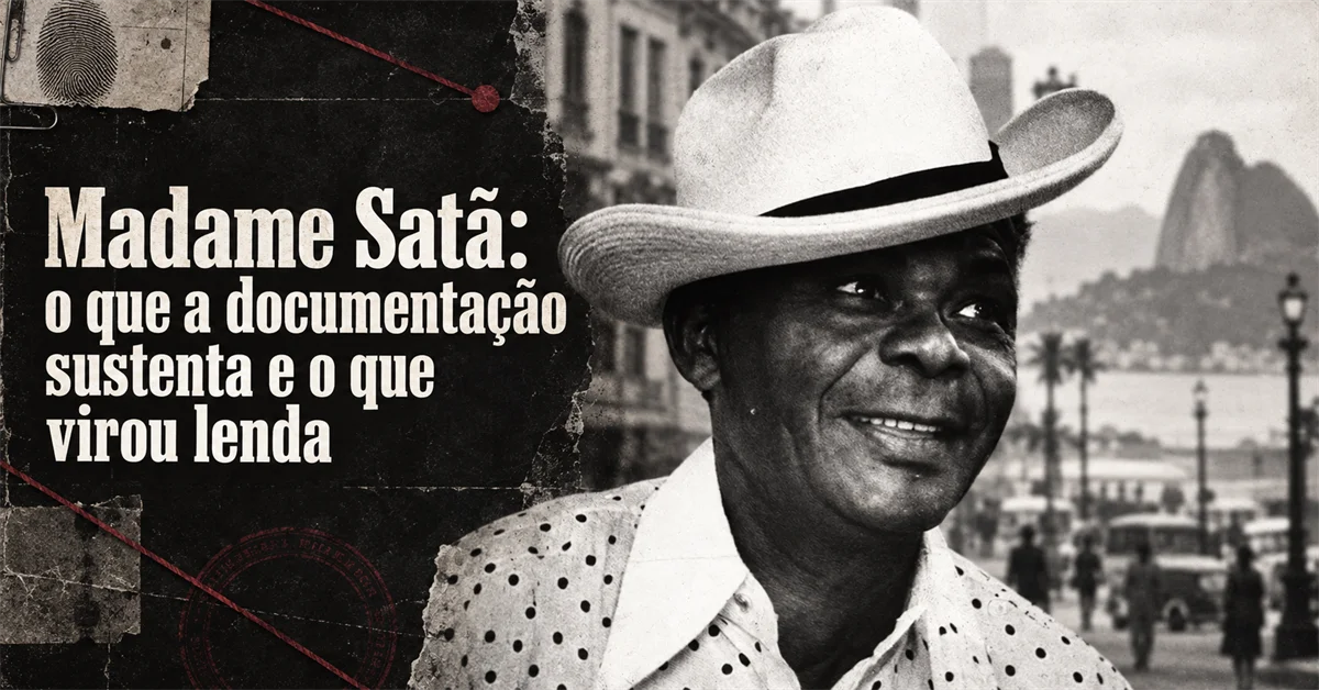 Retrato em preto e branco de estilo vintage de um homem de chapéu branco, sobreposto por uma ficha datiloscópica rasgada e o skyline do Rio de Janeiro