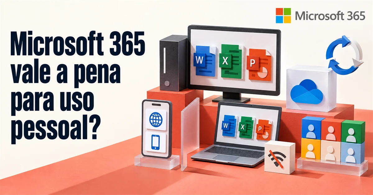 Desktop, notebook e celular exibem os ícones do Word, Excel e PowerPoint, ao lado do OneDrive, um ícone de sincronização e um wi-fi cortado