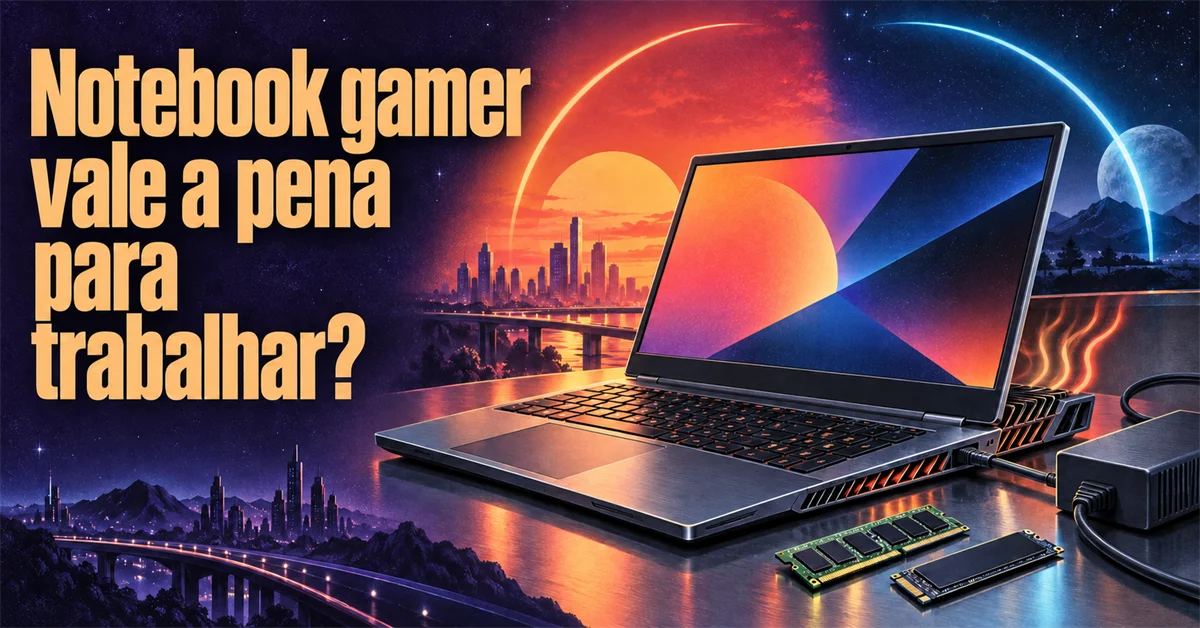 Notebook gamer iluminado por luzes RGB sobre uma mesa à noite, com pente de memória, SSD e fonte de alimentação ao lado
