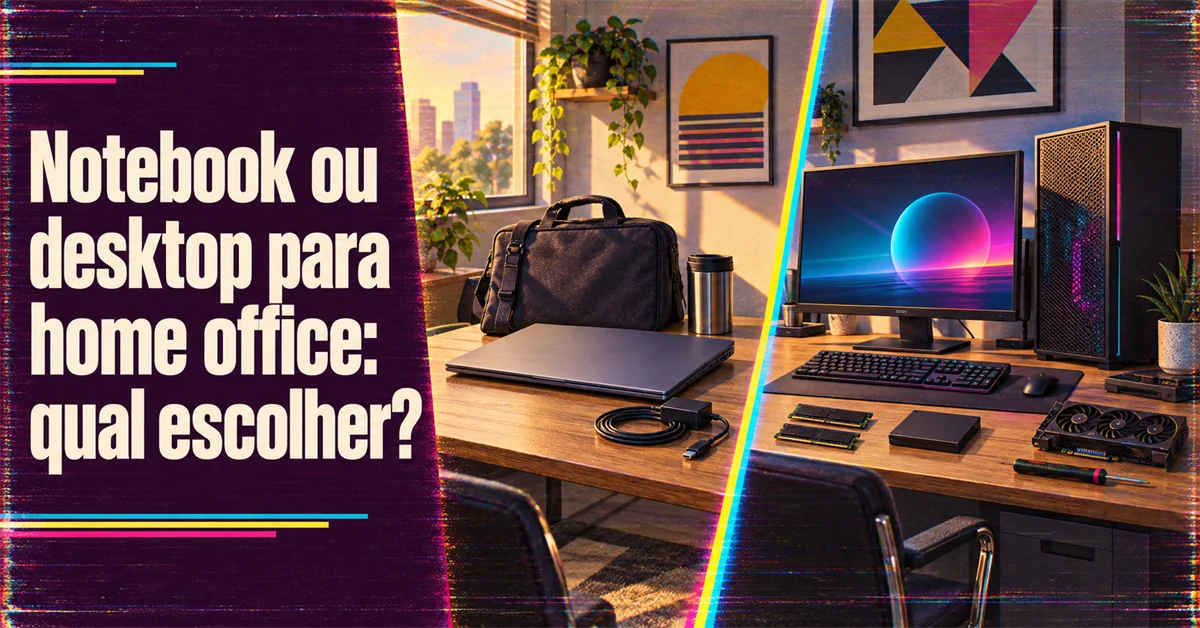 Mesa dividida: à esquerda notebook fechado com bolsa e carregador; à direita monitor, gabinete, placa de vídeo e memórias