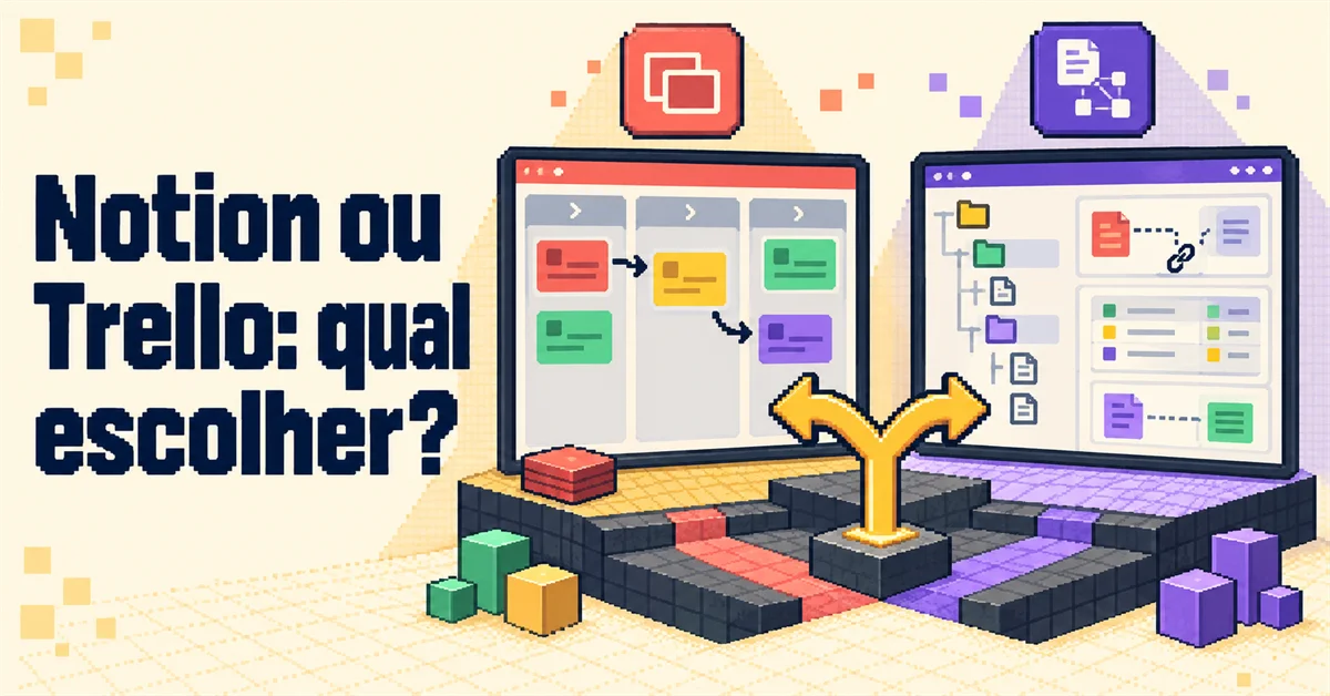 Telas de Trello, em quadro de cartões, e Notion, em páginas com base de dados, lado a lado e separadas por uma bifurcação