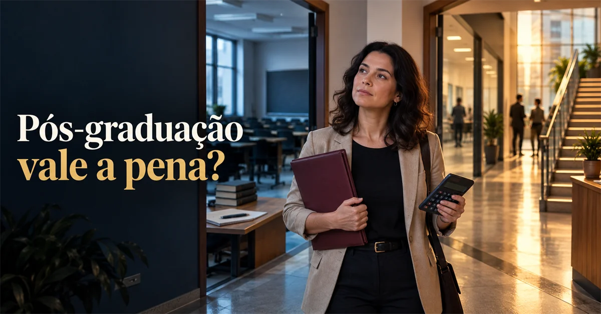 Mulher com pasta e calculadora caminha por um corredor entre uma sala de aula vazia e um espaço de escritório