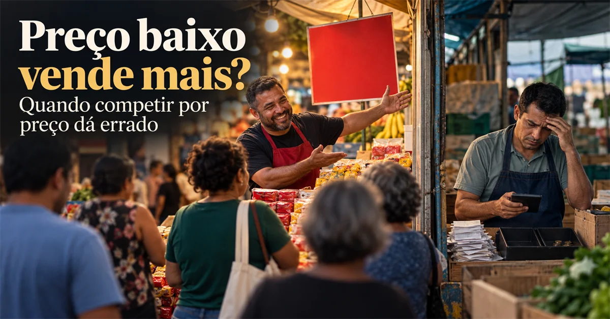 Feirante sorridente aponta para uma placa vermelha de preço em branco atraindo clientes, enquanto outro vendedor ao lado confere o caixa preocupado