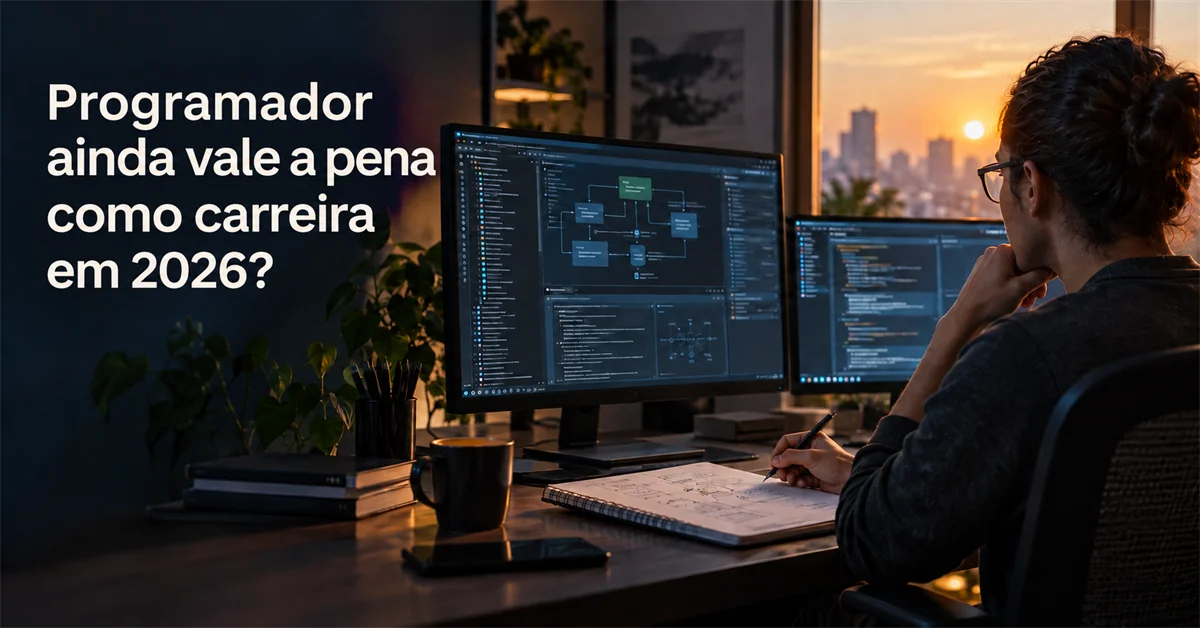 Programador de costas revisa um fluxograma em dois monitores ao anoitecer, enquanto esboça o mesmo diagrama no caderno