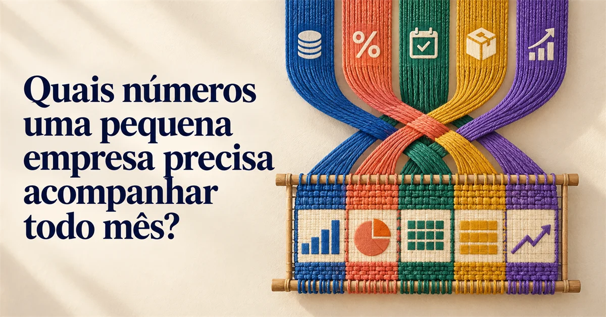 Tecelagem artesanal que entrelaça ícones de dado, percentual, calendário, caixa e gráfico de crescimento