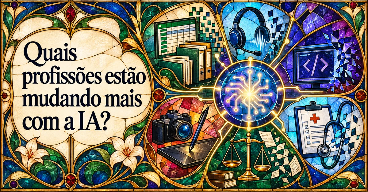 Vitral colorido com ícones de planilha, headset, código, câmera, prancheta médica e balança irradiando de um núcleo circular luminoso