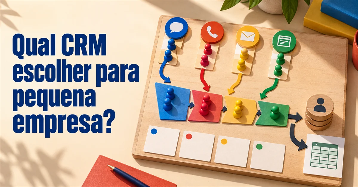 Tabuleiro de madeira com peças de chat, telefone, e-mail e site conduzidas por trilhas coloridas até uma planilha de clientes