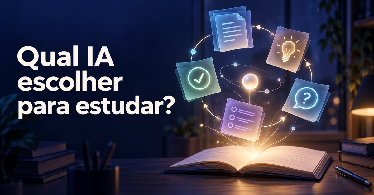 Livro aberto emite luz de onde flutuam, em círculo, ícones de documento, checklist, lâmpada e pergunta, ligados a uma esfera central