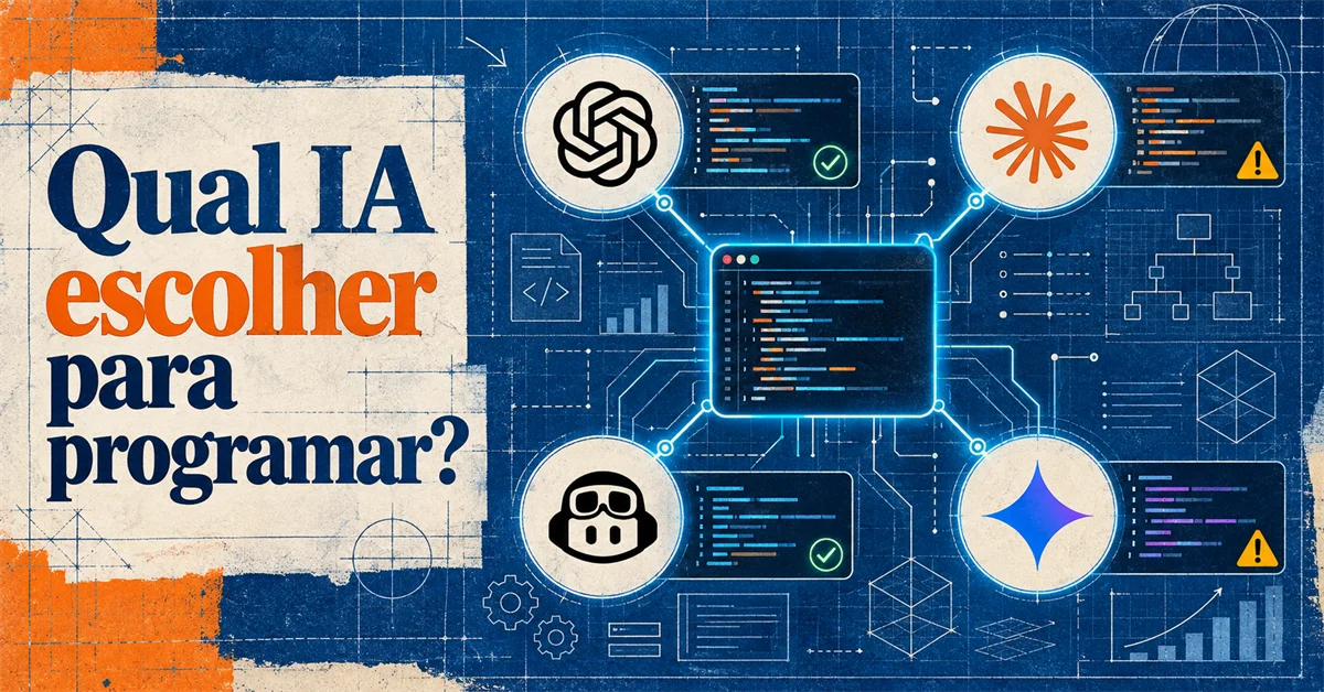 Diagrama estilo planta técnica liga quatro logotipos de IA a uma janela central de editor de código, com selos de aprovado ou alerta