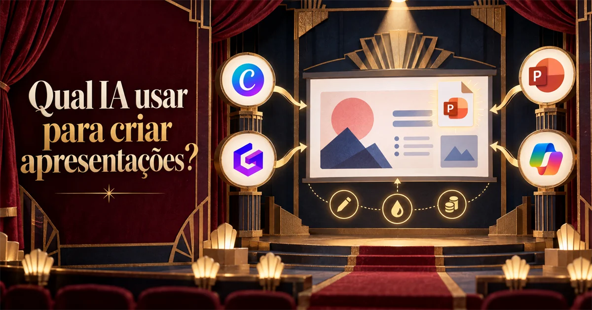 Palco de teatro estilo art déco com uma tela de slide ao centro, ladeada por quatro logotipos de ferramentas de IA para apresentações