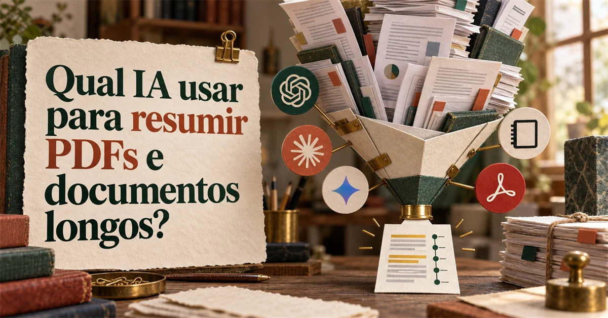 Funil recebe uma pilha de documentos e livros no topo, cercado por quatro ícones de ferramentas de IA, e entrega um resumo com marcadores na base