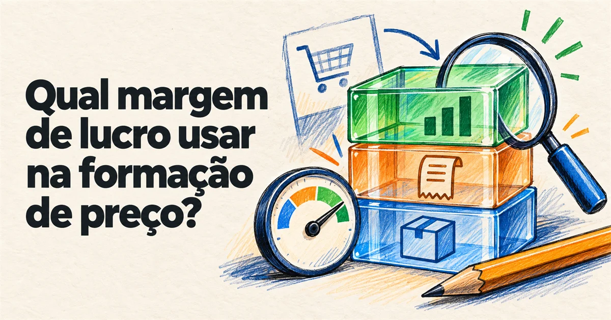 Ilustração de caixas empilhadas com ícones de gráfico, nota fiscal e caixa, examinadas com lupa, ao lado de um carrinho de compras