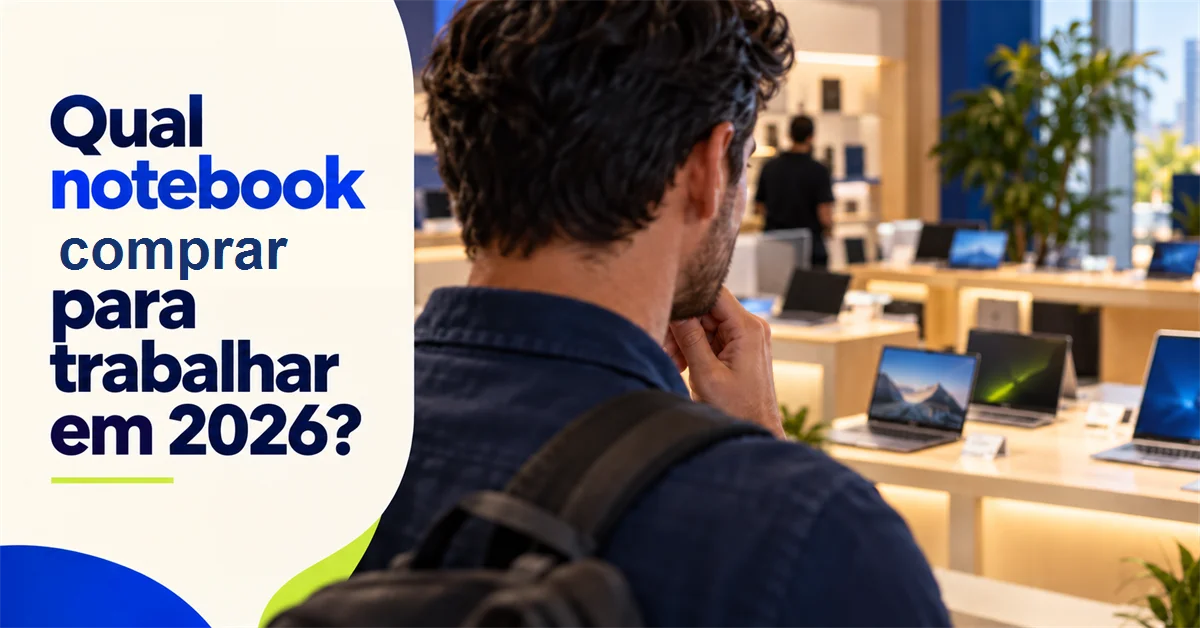 Homem de costas observa uma vitrine de notebooks expostos em uma loja, com outro cliente ao fundo