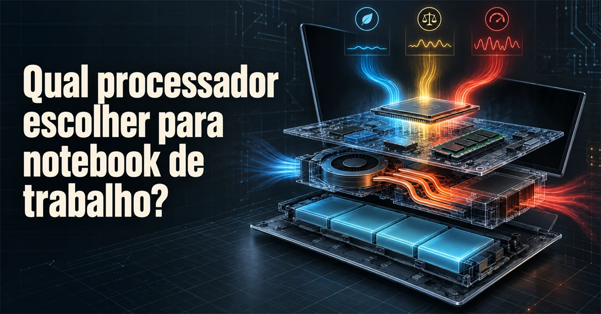 Notebook em vista explodida mostra o processador entre as camadas da placa, com ícones de eficiência, equilíbrio e desempenho acima
