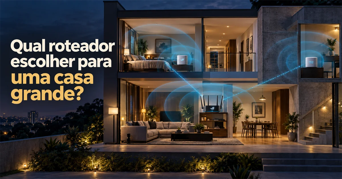Corte de uma casa de dois andares à noite com roteadores emitindo círculos de sinal Wi-Fi entre o quarto e a sala