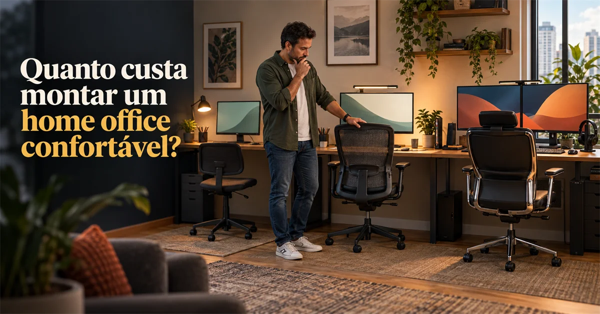 Homem observa pensativo três configurações de mesa com cadeiras e monitores diferentes em um home office