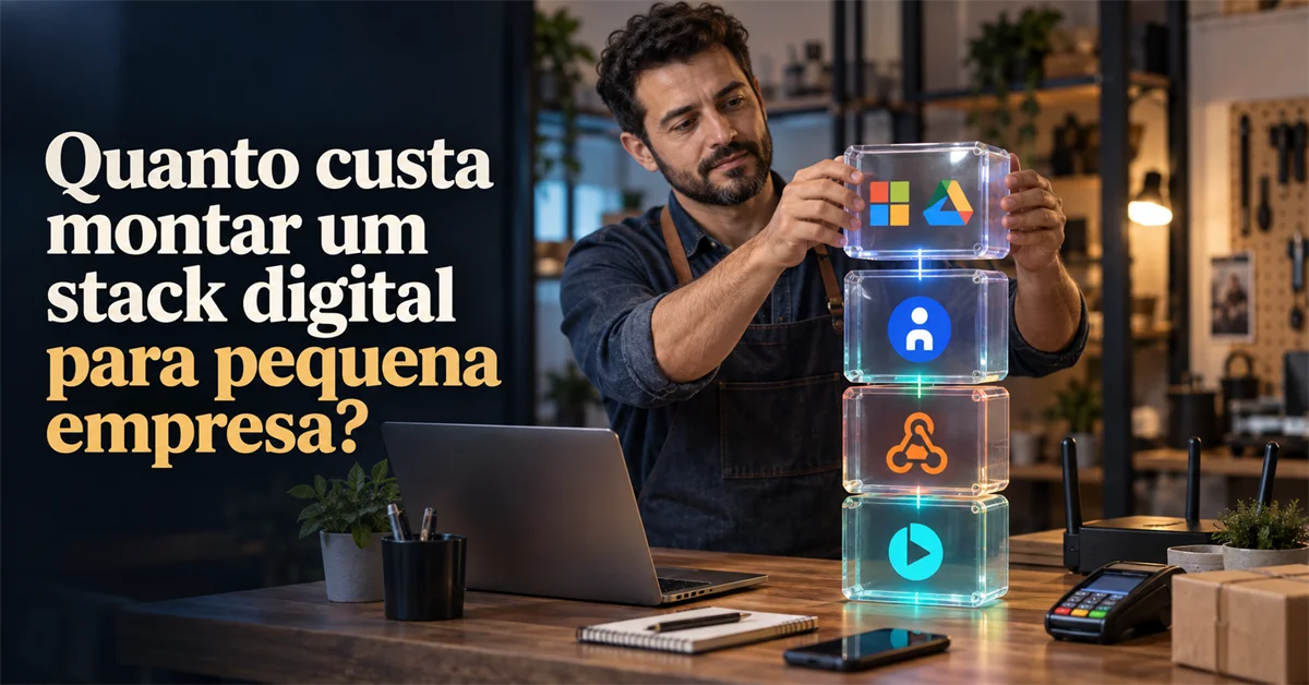 Homem empilha blocos translúcidos e iluminados, cada um com o logotipo de um software de e-mail, CRM, automação e vídeo