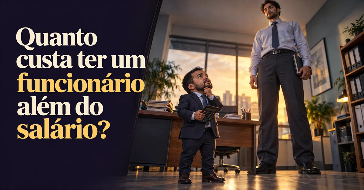 Em perspectiva forçada, um funcionário em miniatura com calculadora observa um gestor gigante em um escritório