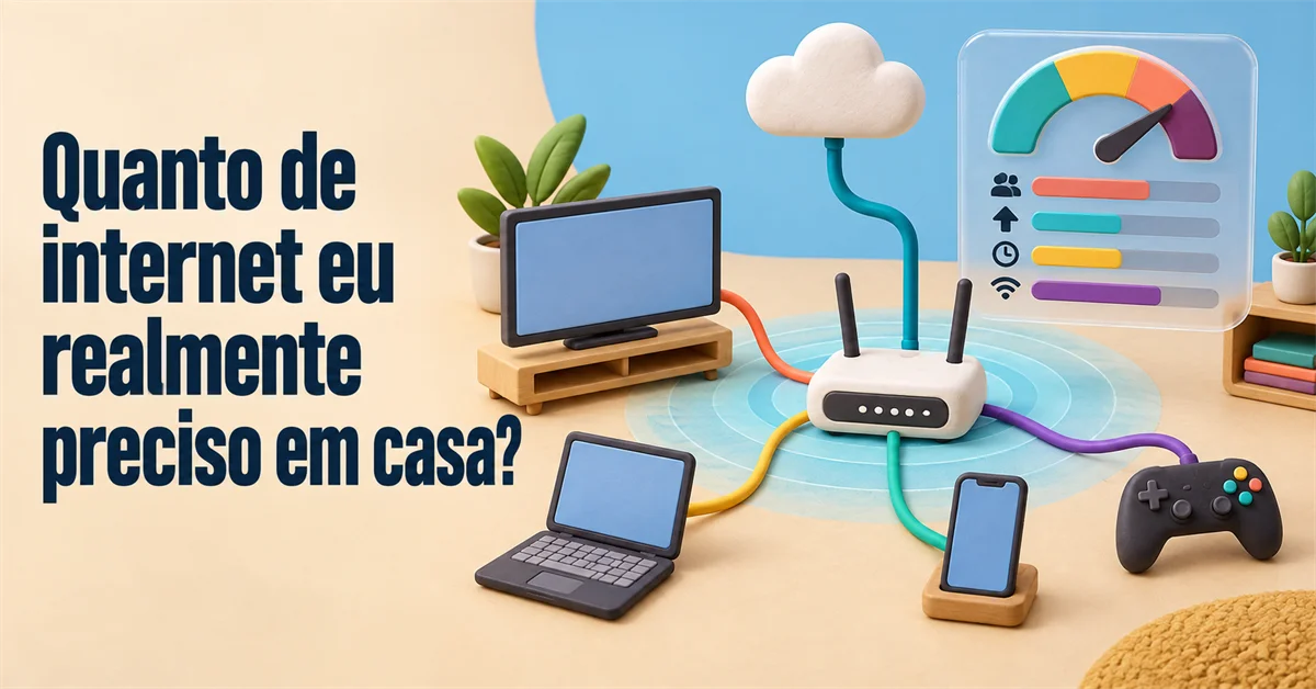 Roteador Wi-Fi conecta TV, notebook, celular e controle de videogame a uma nuvem, com um medidor de velocidade ao lado